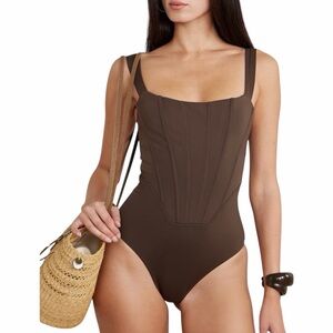 NWT STAUD Sea Adelaide Paneled Swimsuit One Piece Brown Size L